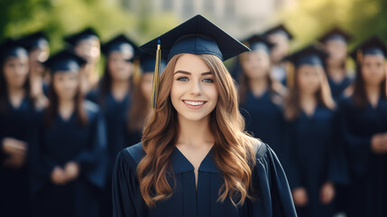 Portrait of beautiful happy girl in graduation attire among jubilant graduates in outdoor setting. Generative AI
