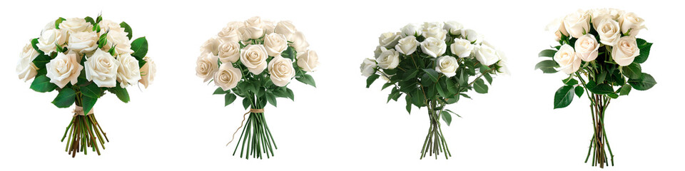 An array of four white rose bouquets, each with rich green foliage, presented against a transparent background for versatile use.