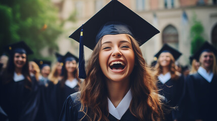 Portrait of beautiful happy girl in graduation attire among jubilant graduates in outdoor setting. Generative AI