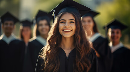 Fototapeta premium Portrait of beautiful happy girl in graduation attire among jubilant graduates in outdoor setting. Generative AI