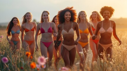 Group of happy multiethnic women in bikini running and having fun on the field with flowers at sunset - Powered by Adobe