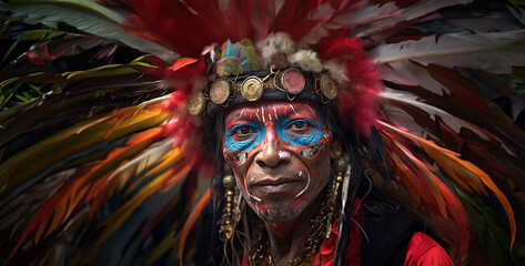 Artistic Close-Up of a Tribal-Inspired Figure with Mask-Like Face Paint, Decorative Feathers, and a Dark, Mystical Background