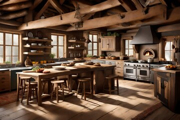 a cabin kitchen with a roaring hearth, wooden beams, and a rustic, cozy feel.