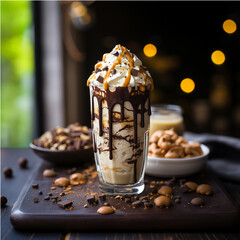 coffee beans and chocolate a peanut butter chocalate shake, drizzled with peanut butter, on a kitchen counter 