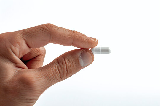 Close-up photo of person's hand holding white pill with medicine. Healthcare concept