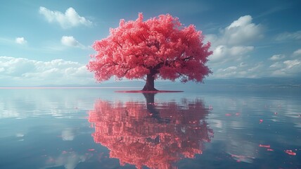 Pink tree in the middle of the lake landscape
