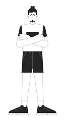 Woman angry arms crossed black and white cartoon flat illustration. Mad pouting adult male 2D lineart character isolated. Emotional expressing, body language monochrome scene vector outline image