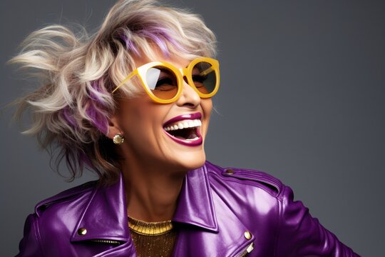 a woman wearing purple and yellow sunglasses