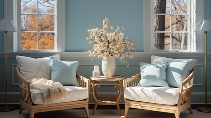 Cream Accent Chairs with Light Blue Throws