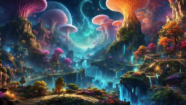 Mushroom fantasy landscape towering mountains and river canyons