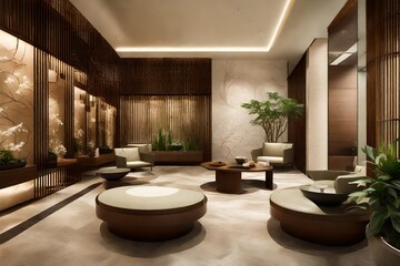 a spa reception with zen elements, soothing colors, and a sense of tranquility.