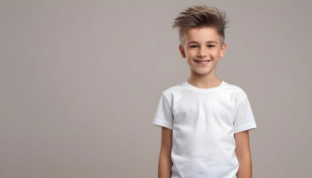 mockup young boy smiling with blank white t-shirt , modern hair on a neutral background, studio shot created with generative ai