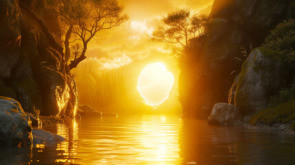 A mystical portal of golden light opening up in the midst of a serene natural landscape - obrazy, fototapety, plakaty