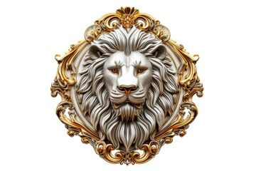 Lion head emblem made of silver with gold ornaments, logo, white background.