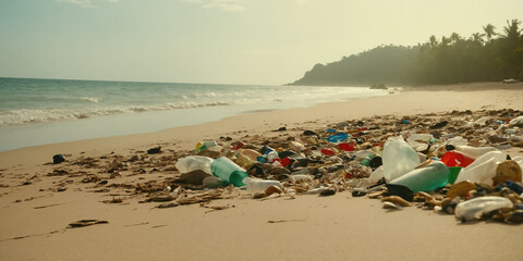 Empty used dirty plastic bottles, household waste on the ocean shore. Environmental problem