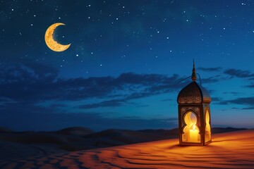 Moroccan lantern for Ramadan on the desert sand, sky with stars at night, Ramadan holiday.