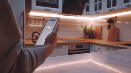 Person is holding phone in his hands. It shows Wi-Fi sign. The concept of “smart home” and controlling household appliances using a phone
