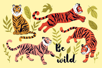 Fototapeta na wymiar Set of wild tigers and tropical leaves. Vector graphics.