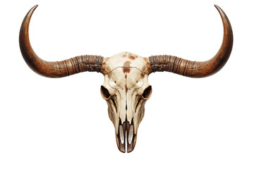 Bull Skull With Long Horns. A photograph of a bull skull with long horns placed on a Transparent background.