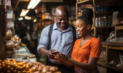 n African shopkeeper radiates warmth as she hands an EFTPOS machine, bridging worlds with every transaction. 