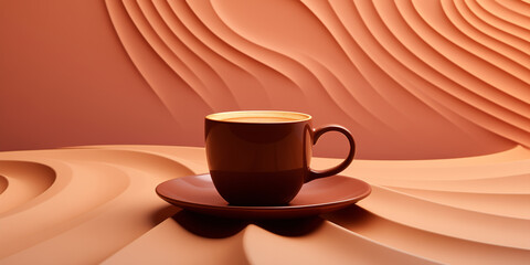 Coffee 3D background, brown cup on a background of volumetric waves and soft lines