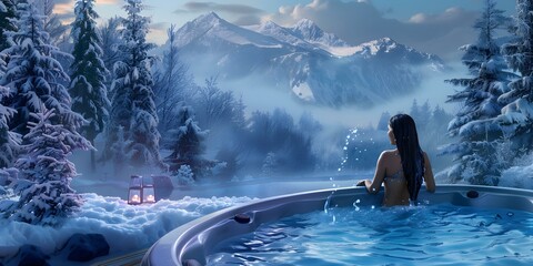 Winter mountain scenery meets relaxation as a girl enjoys the jacuzzis warmth. Concept Winter Jacuzzi, Mountain Retreat, Relaxation in Snow, Cozy Winter Vibes, Hot Tub Therapy - obrazy, fototapety, plakaty