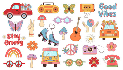 Retro groovy hippie set. 60s,70s vintage psychedelic clipart.  Cartoon funny boho stickers.