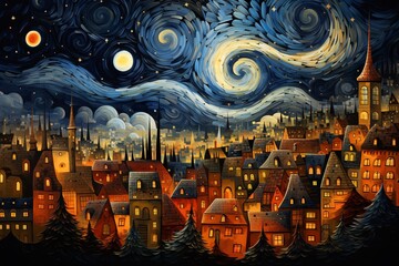 a painting of a city at night