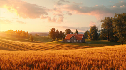 A peaceful countryside scene with rolling hills