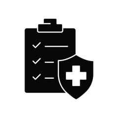 Hospital diagnostic document icon. Simple solid style. Clipboard with shield, health diagnosis, insurance, medical, healthcare concept. Black silhouette, glyph symbol. Vector illustration isolated.