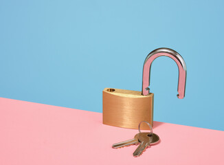 Gold colored lock and keys. Security for money or other things. Copy space for text.
