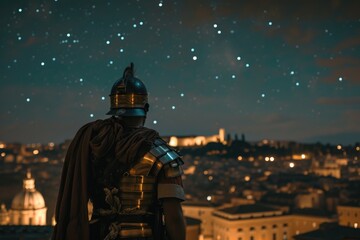 Fototapeta premium Roman soldier with his back, city of Rome in the background.