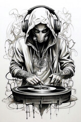 Ink style  dj playing vinyl turntables 