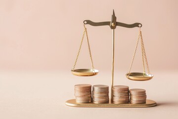 Scales with coins, finance and investment concept, beige background.