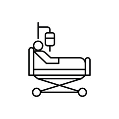 Man in a hospital bed icon. Simple outline style. Patient, person, sick man, ill, ward, lying, health, medical concept. Thin line symbol. Vector illustration isolated.