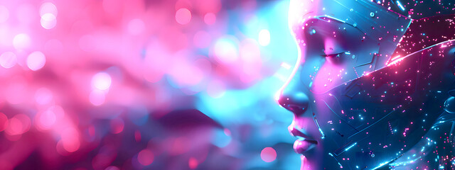 Futuristic portrait of a cybernetic girl with her eyes closed, in pink tones.