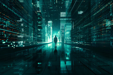 Person in the middle of a virtual reality room full of graphics