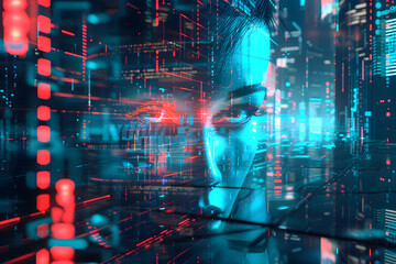 Face of a woman with graphics in virtual reality, with copyspace