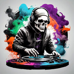 Grimm skeleton dj playing vinyl turntables , centered urban style painting, edm party poster