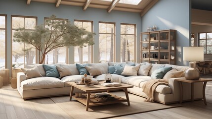Cream Sectional Sofa with Light Blue Accent Pillows