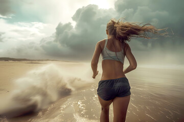 Girl running on the beach on a stormy day - obrazy, fototapety, plakaty