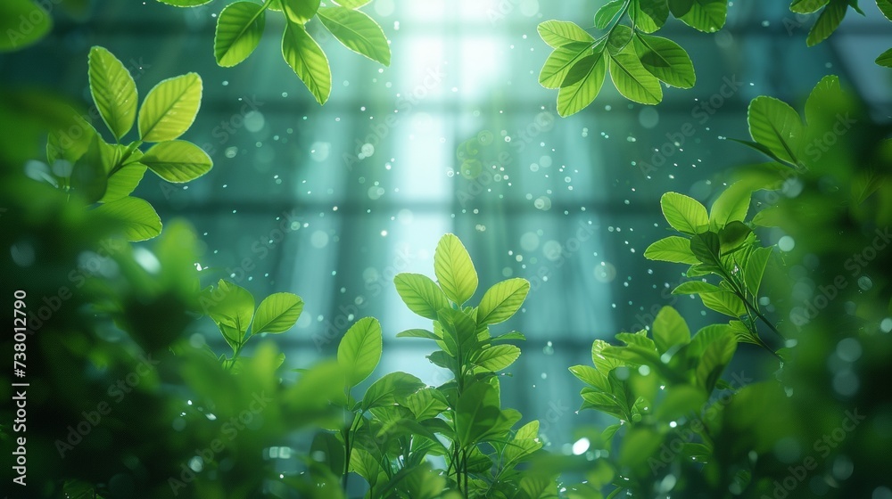 Poster Building with eco-friendly features with green tree branches and sustainable glass for reducing heat and carbon dioxide. A green office building.