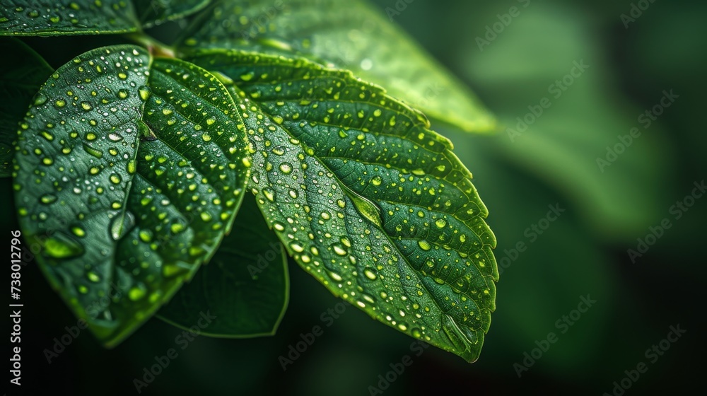 Poster a close-up of a green leaf with many droplets. the freshness of water drops is accentuated by the gr