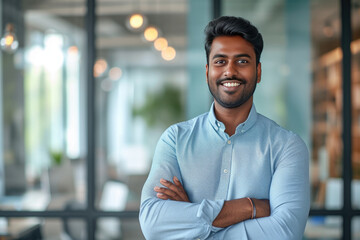 Fototapeta premium Cheerful Indian businessman with a bright smile in a modern workplace