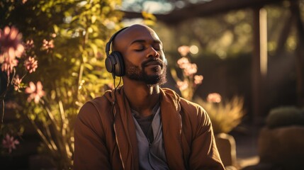 Man meditating wear headphone in park