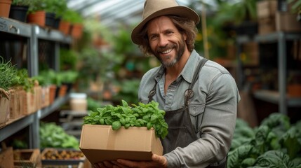 Gardener walking in greenhouse with a box