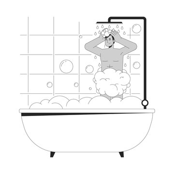 recommend clip art: Indian man showering in bathtub black and white 2D line cartoon character. South asian young adult male isolated vector outline person. Washing hair with shampoo monochromatic flat spot illustration