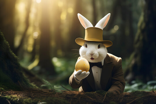 elegant rabbit with an egg in the woods