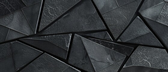 Abstract triangular dark black anthracite gray grey stone concrete cement mosaic tile wallpaper texture with geometric fluted triangles background banner