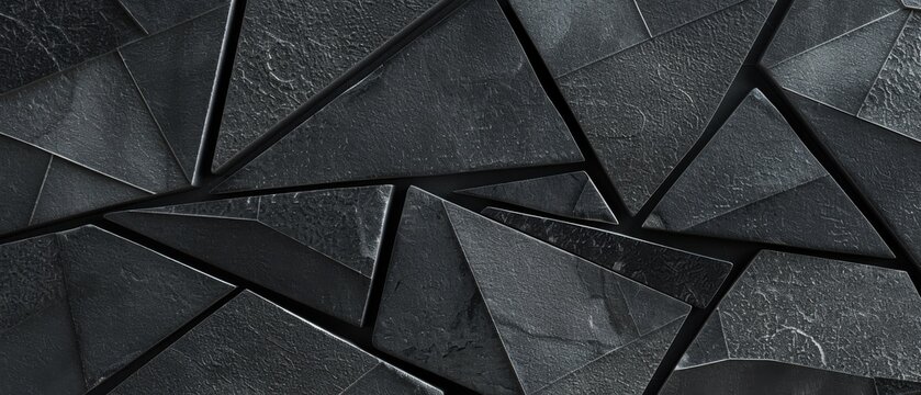 Abstract triangular dark black anthracite gray grey stone concrete cement mosaic tile wallpaper texture with geometric fluted triangles background banner